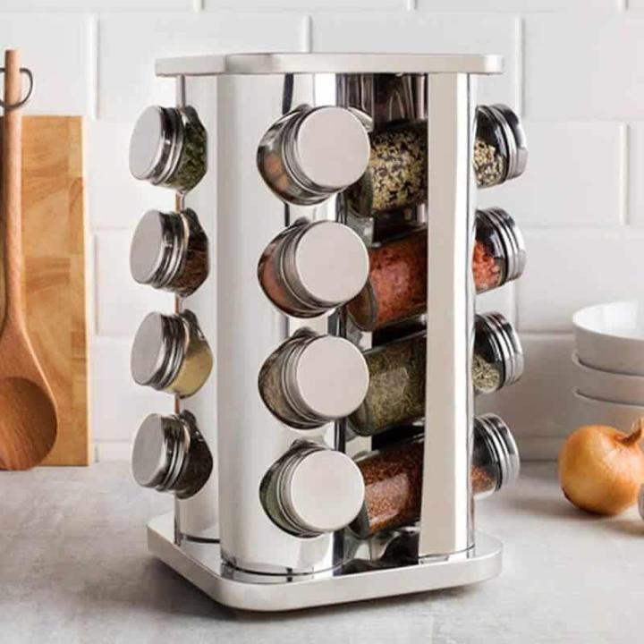 16 Pieces Rotating Stainless Steel Glass Spice Jar Rack